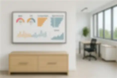 Screen in meeting room shows real-time KPI dashboards for team overview