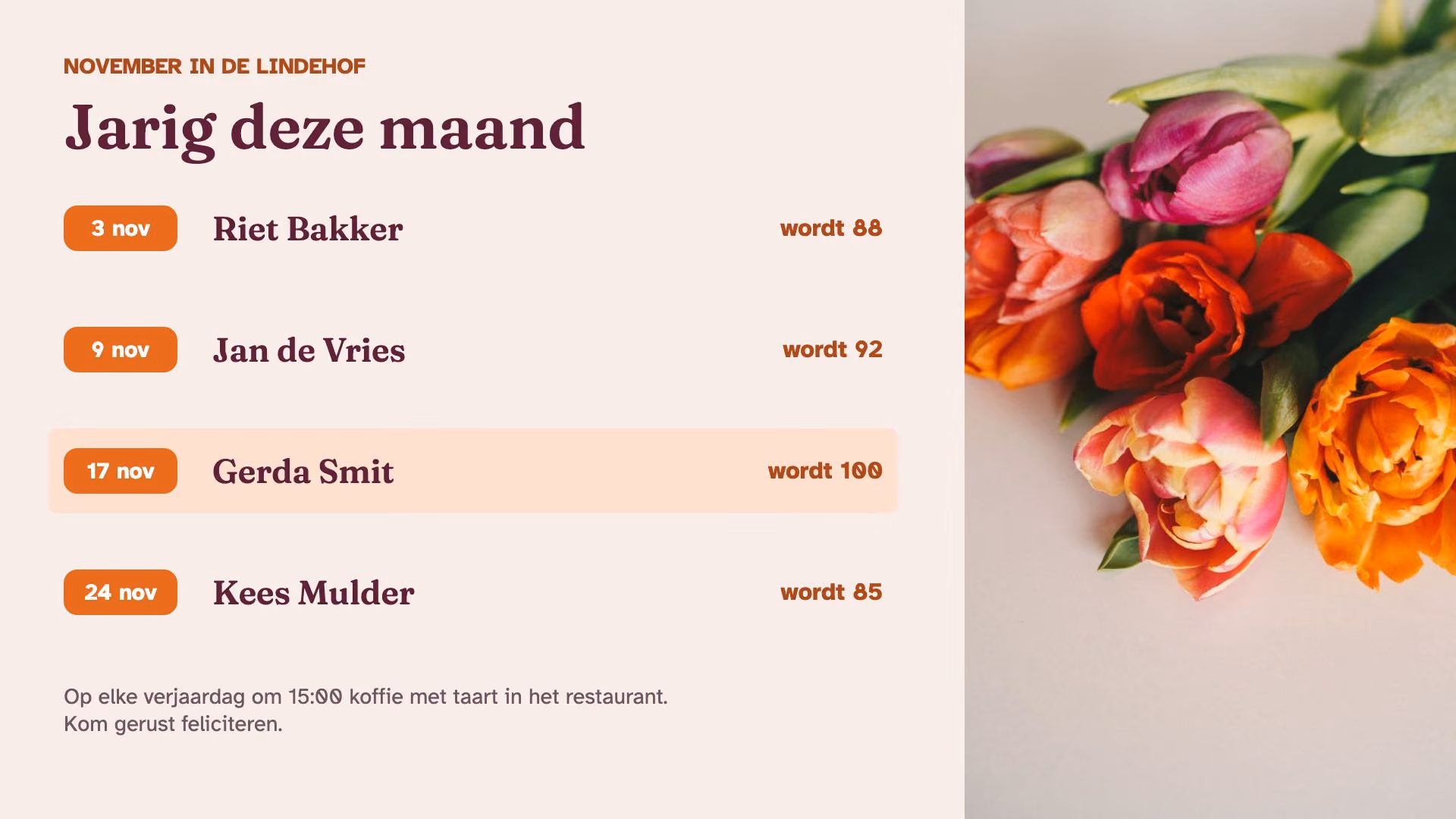 De verjaardagen van bewoners deze maand