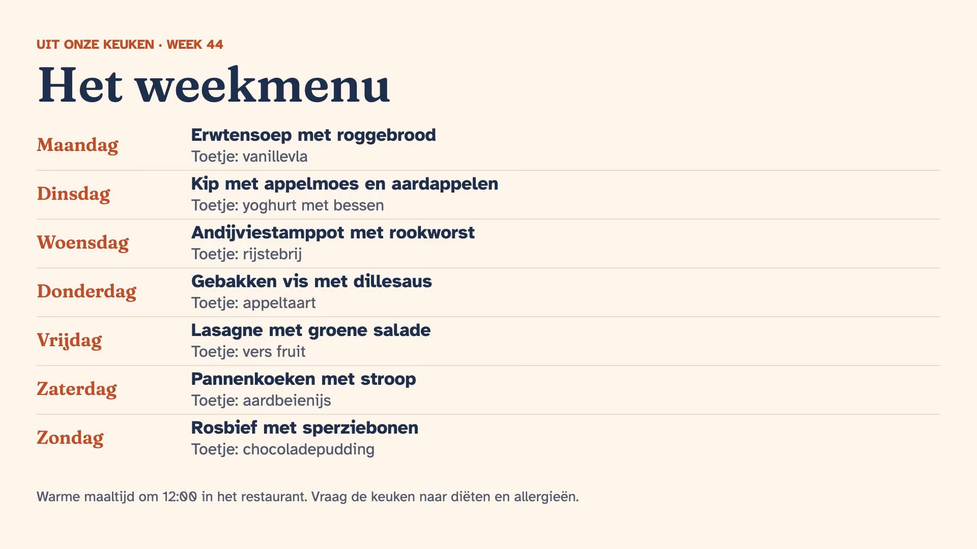 Het weekmenu van een woonzorgcentrum
