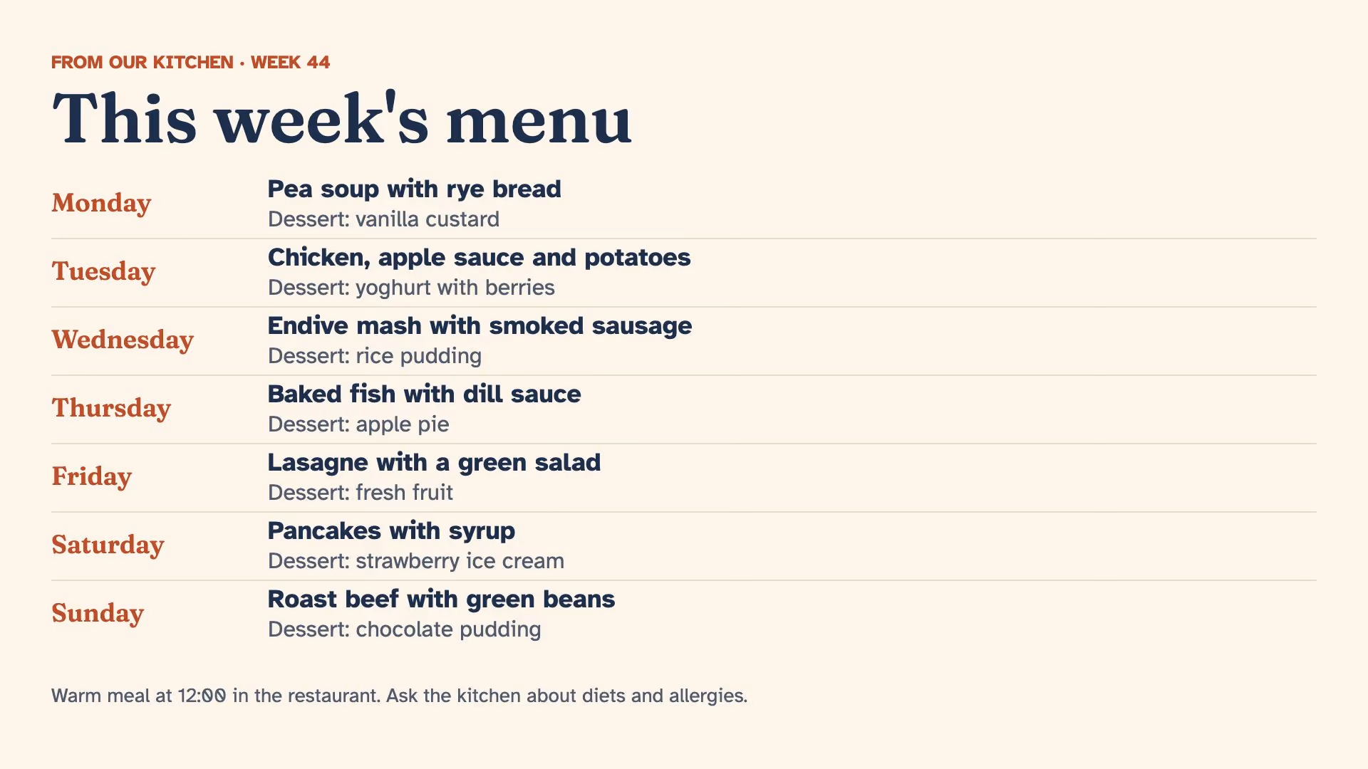 A care home’s menu for the week