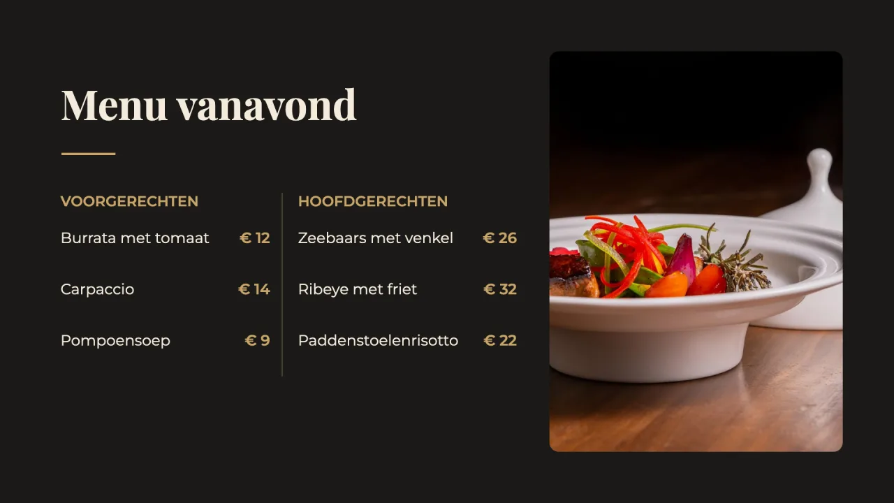 Een restaurantpagina die met Lumi is ontworpen, op een scherm