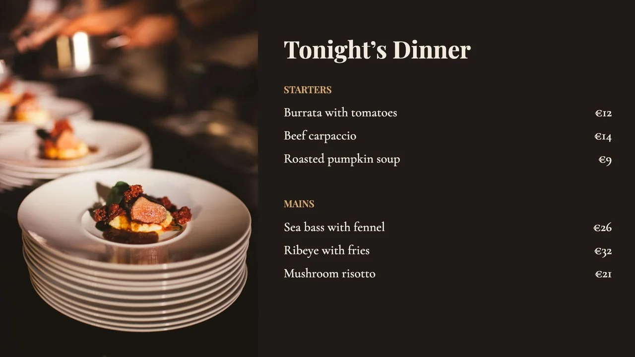 A dark, elegant dinner menu with a photo of a plated dish, three starters and three mains with prices