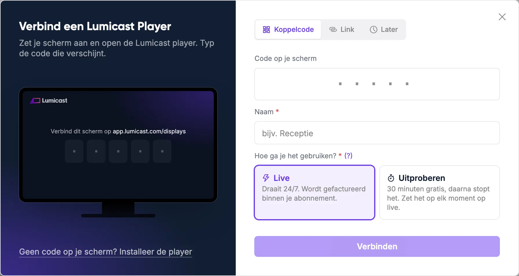 Het venster om een Lumicast-player te verbinden, met een veld voor de koppelcode die het scherm toont.