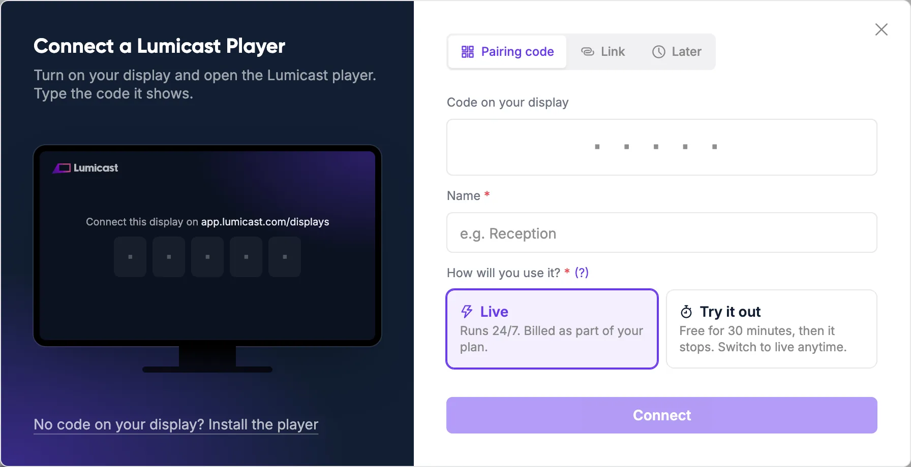 The window for connecting a Lumicast player, with a field for the pairing code the display shows.