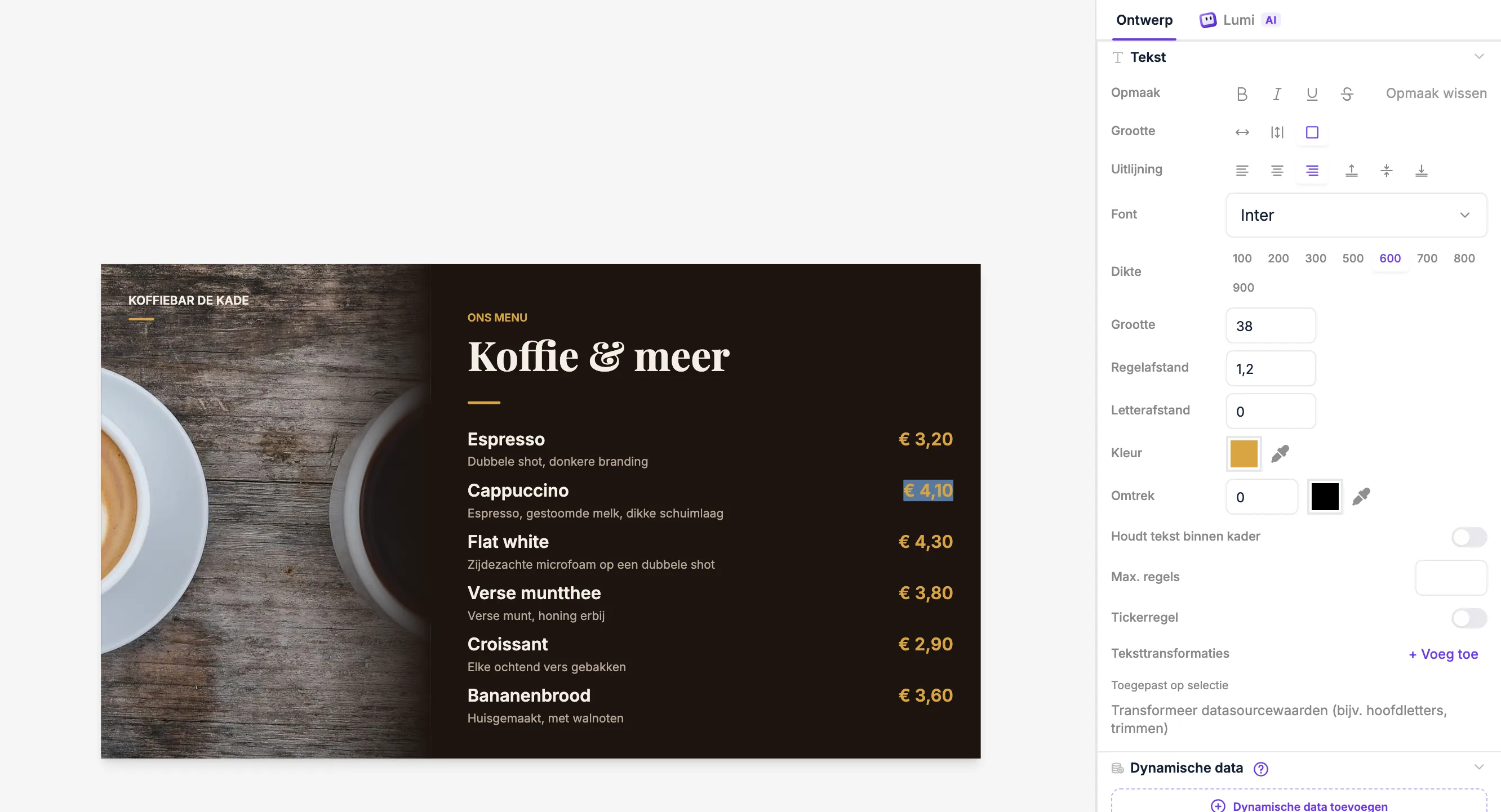 De Lumicast-editor met een menubord. De prijs van een cappuccino is geselecteerd om aan te passen.