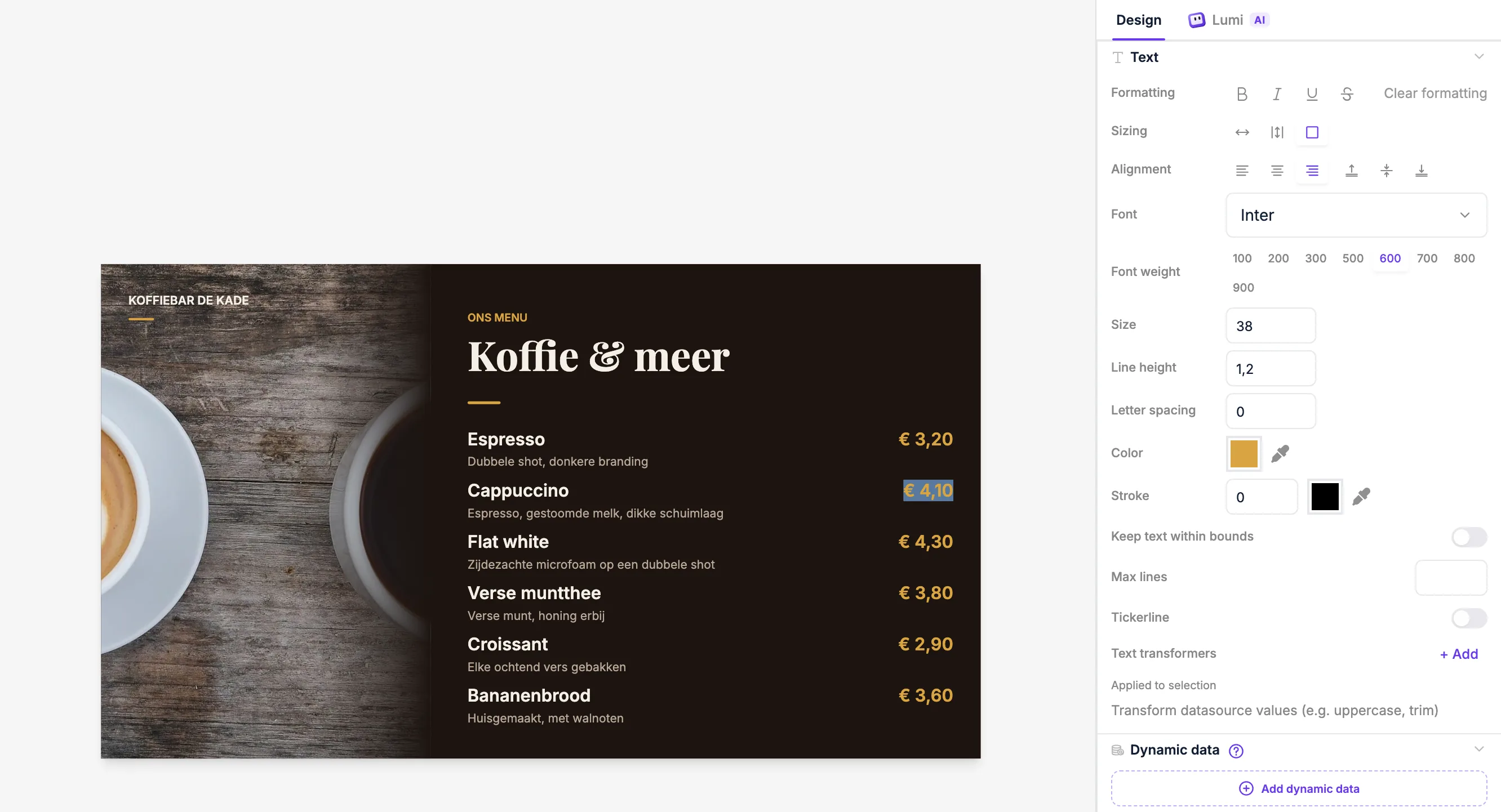 The Lumicast editor with a menu board. The price of a cappuccino is selected for editing.
