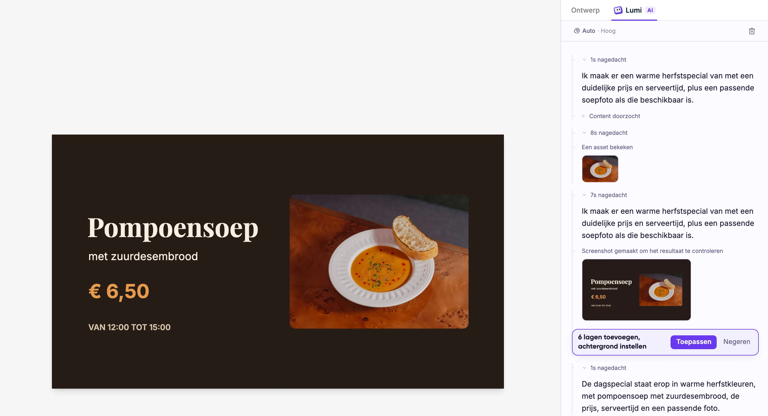 De Lumicast-editor met een ontwerp van Lumi voor pompoensoep als dagspecial. De pagina bevat een foto, prijs en serveertijden. Met Toepassen en Negeren kies je of je het ontwerp wilt gebruiken.