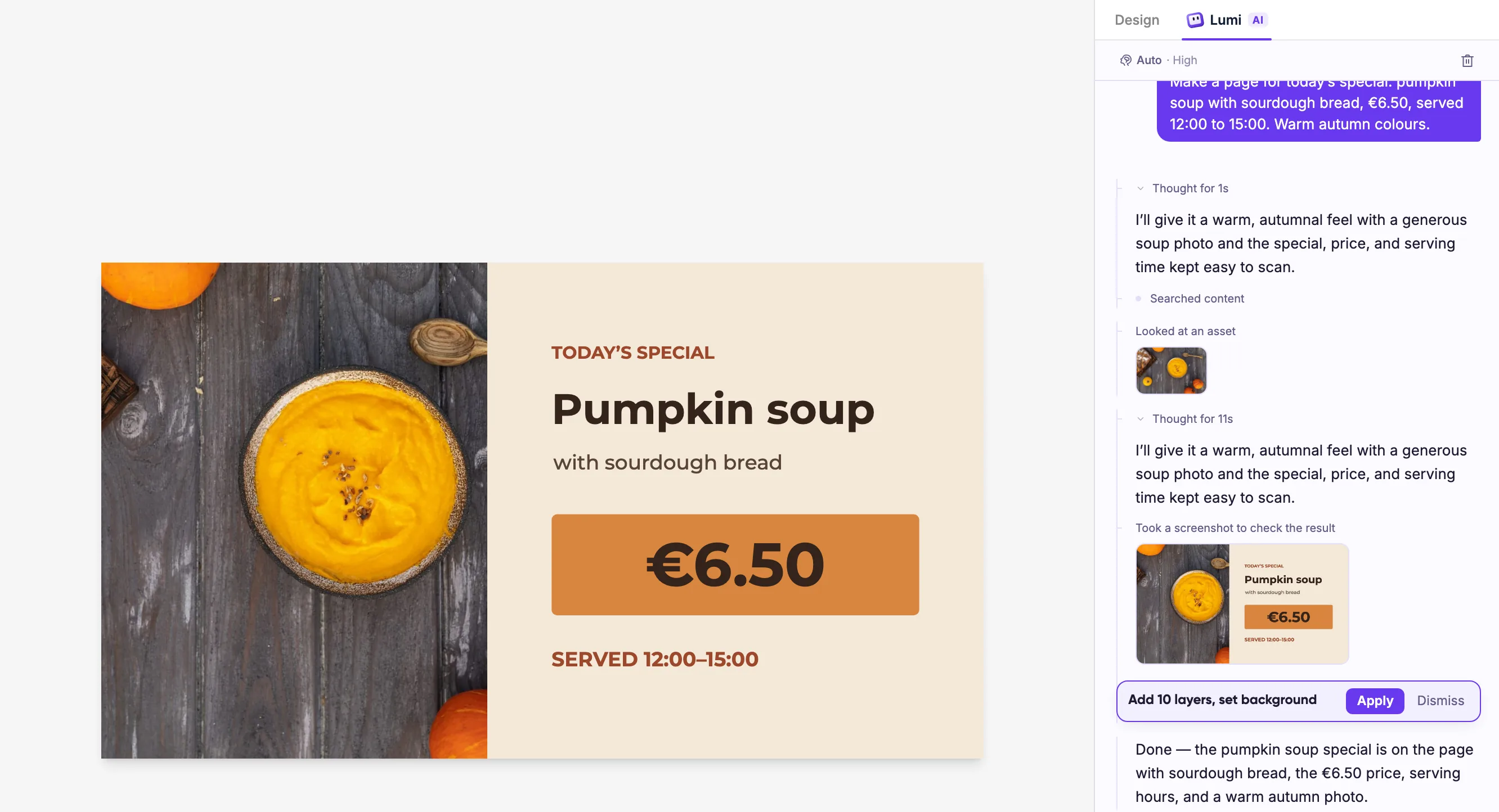 The Lumicast editor with Lumi’s design for a pumpkin soup special. The page includes a photo, price and serving times, with Apply and Dismiss buttons below.