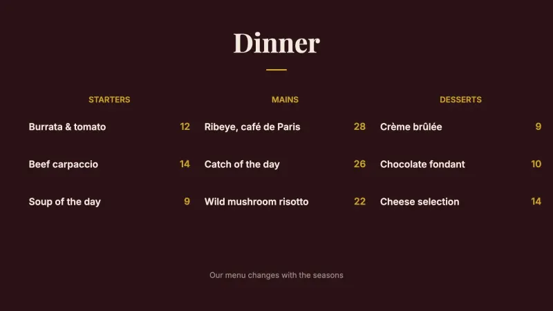 Dinner menu